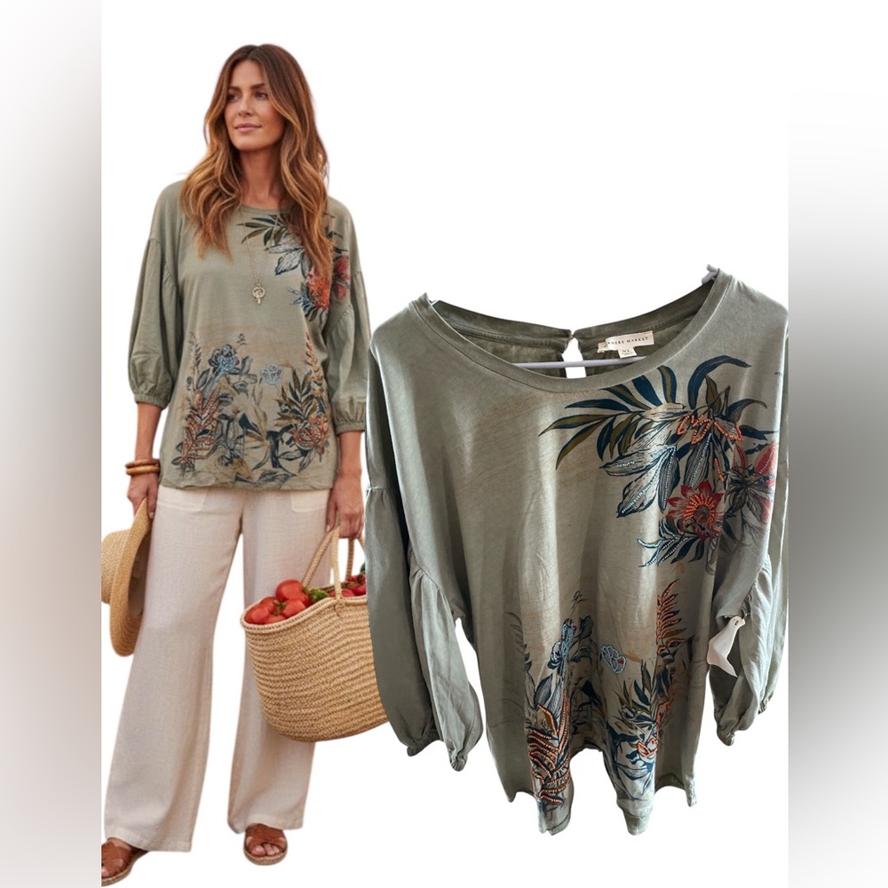 Farmers Market XL Moss Green Beaded Floral Tunic Cotton Resort Puff Sleeve NWT